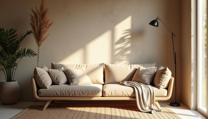  A beige sofa with a white throw pillow and blanket sits in a sunlit room, accompanied by a potted plant and a floor lamp, with a large window and natural light.