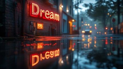 Neon Dream Sign Reflects In Rainy City Street