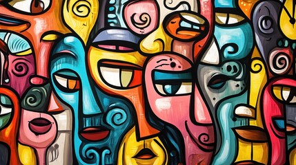 Fototapeta premium Colorful abstract painting of multiple faces.