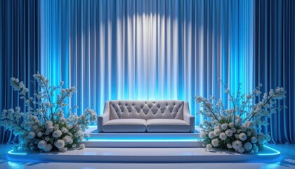  A white tufted sofa sits on a white stage, flanked by white flowers, with blue curtains and a blue light effect in the background.