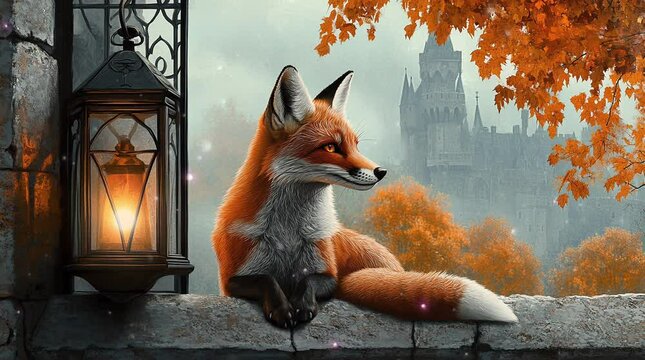 Curious fox sitting by the window with a breathtaking castle view in the background  
Seamless looping 4k time-lapse virtual video animation Generated AI