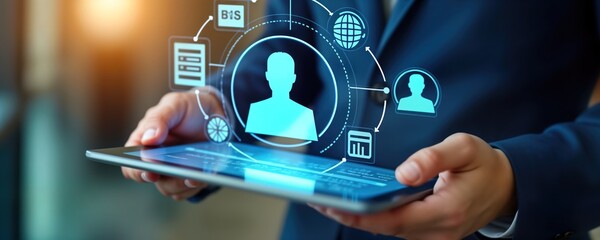 Person uses digital tablet showing digital recruitment tech. Person reviews candidate profiles digitally. Human resources tech. Modern digital tools for talent acquisition. Recruitment process using