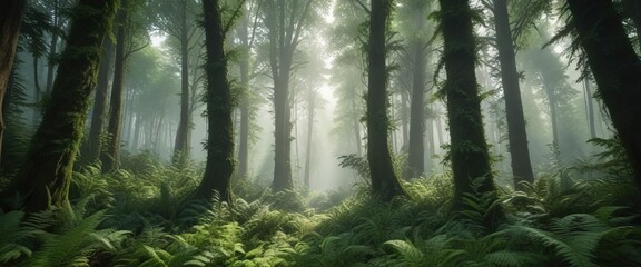 Obraz premium Dense foliage of green ferns and towering trees, green ferns, natural light filtering