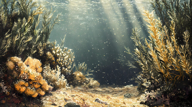 Vue macroscopique de micro-algues dans leurs milieu naturel. Mariner. Illustration