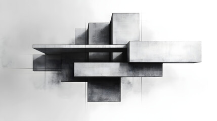 Abstract grayscale architectural sketch of geometric concrete shapes, overlapping and interlocked, creating a complex structure.
