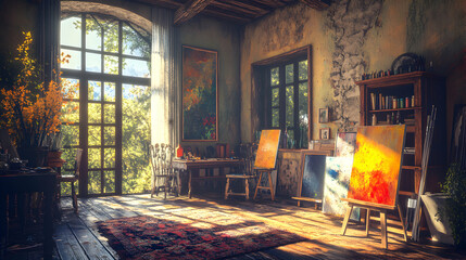 Sunlit rustic artist's studio filled with paintings, easels, and natural light streaming through a large window, showcasing a tranquil and inspiring workspace.
