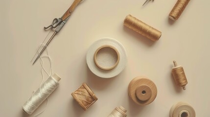Flatlay of beige and cream sewing threads, spools, and tools on a neutral background.