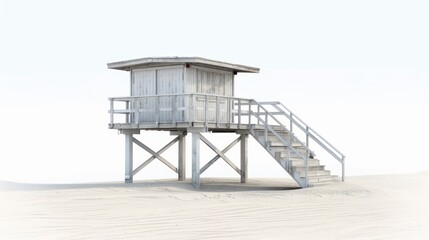 White wooden lifeguard tower on sandy beach, isolated on white background.
