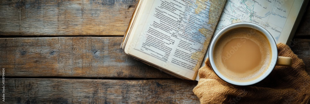 Aufkleber exploring travel destinations with a warm cup of coffee and a guide on a cozy wooden table. generati