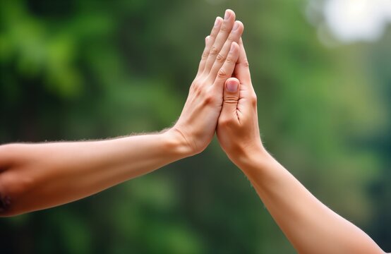 Two people give high five outdoors in green environment. Teamwork, unity evident. Raised arms symbolize success, connection. Photo portrays positive team spirit, could used for business, volunteer,