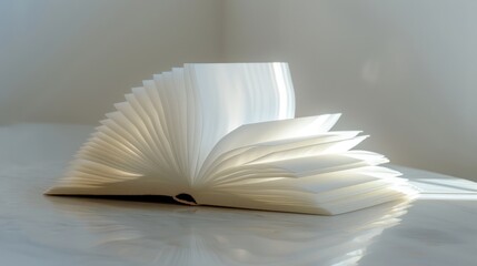 Open book with pages fanned out, illuminated by sunlight on a marble surface.