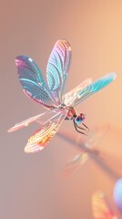 Iridescent dragonfly in flight, reflecting on a surface.
