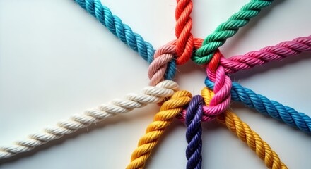 Colorful ropes intertwined in circle showing unity, teamwork. Diverse ropes connected represent business metaphor for partnership synergy. Image collective effort to achieve common goal with strong