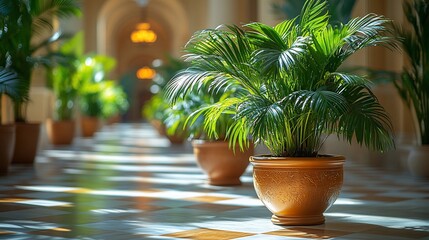 Fototapeta premium Sunlit Palm Plants in Elegant Hallway Pots