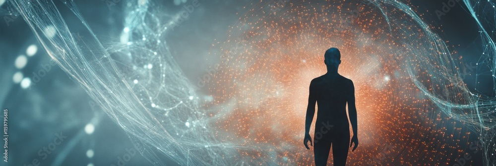 Poster human silhouette enveloped by abstract whirlwind of lines and spirals representing feelings of lonel