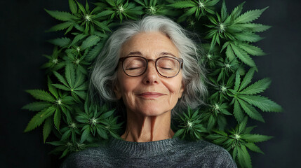 A serene elderly woman peacefully rests, surrounded by lush cannabis leaves, perfect for wellness themes, elder care, and medical cannabis promotion.
