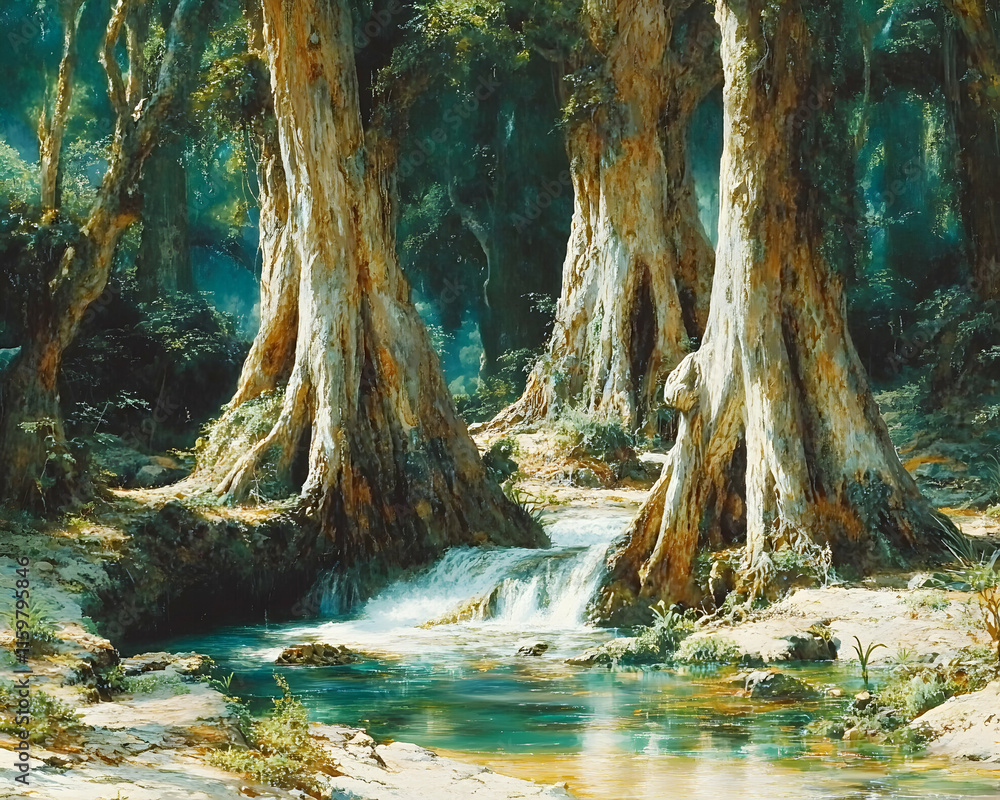 Aufkleber serene forest scene with ancient trees framing a cascading waterfall into a tranquil pool. lush gree