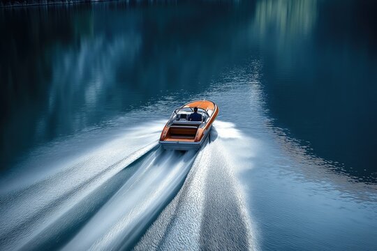 Powerboat on Coastal Waterway, Lake, or River, Aerial Drone Motion Scene for Boating Industry Marketing and Travel Promotion