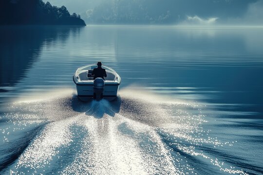 Powerboat on Coastal Waterway, Lake, or River, Aerial Drone Motion Scene for Boating Industry Marketing and Travel Promotion