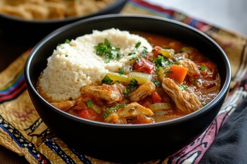 Classic South African tripe stew with pap and chakalaka served in a black bowl on Shwe Shwe fabric