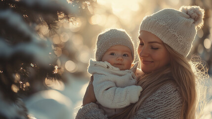 Obraz premium Christmas Photo of a Mother and Baby Sitting in Snow