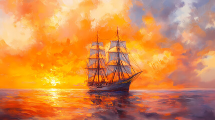 Obraz premium Majestic sailing ship at sunset, vibrant orange and yellow sky reflecting on tranquil waters, capturing a serene maritime journey in impressionist style. Mariner. Illustration
