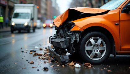 Urban street accident scene. Damaged orange car on wet road. Emergency services arrive quickly. Debris, broken parts scattered. Rainy weather. Accident investigation. Insurance claim. Rescue workers