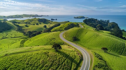 Naklejka premium Aerial view of coastal highway winding through lush green hills and ocean.
