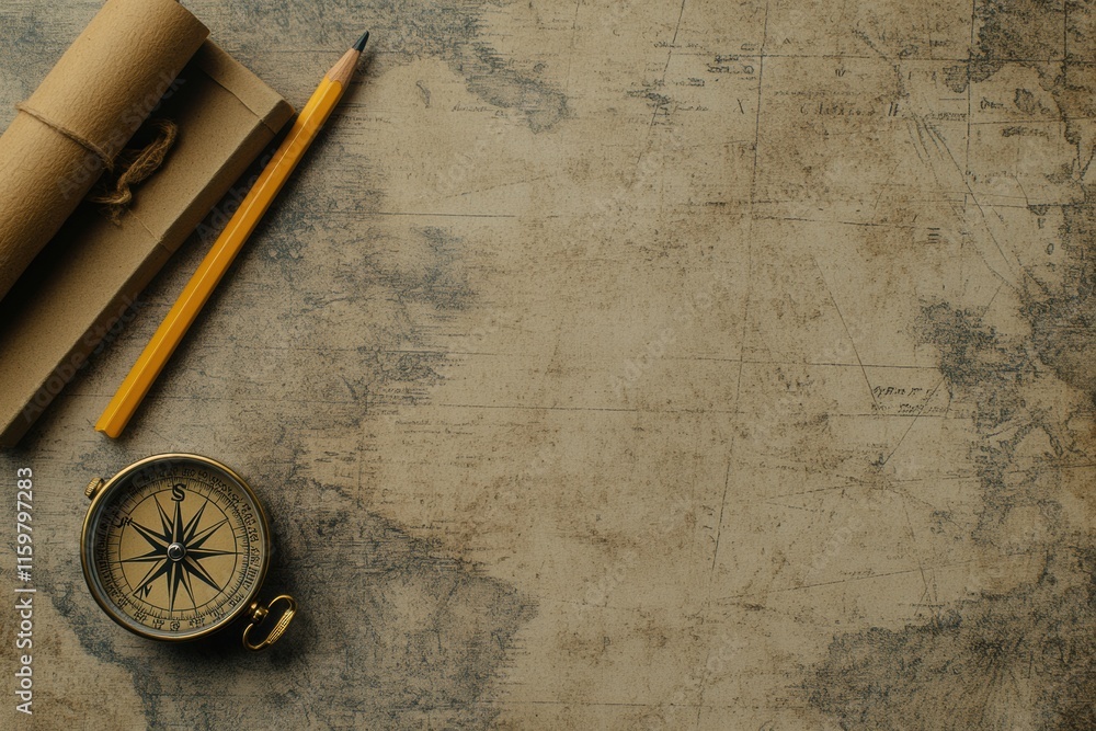 Poster Exploring vintage navigation tools with a compass and pencil on a detailed map background for creative projects. Generative AI
