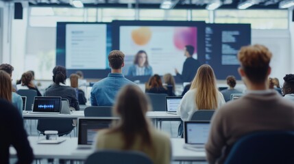 Group of young adults attending a seminar in a modern hall. Featuring notebooks and interactive screens