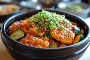 Close up of a bowl of Oi Muchim a spicy Korean cucumber salad on the table Vertical orientation