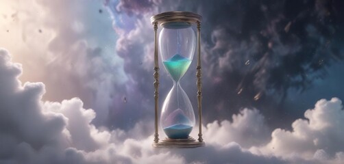Ethereal hourglass suspended in mid-air amidst swirling clouds of iridescent mist, dark background, ethereal, misty
