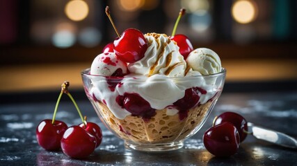 A delicious dessert featuring ice cream, whipped cream, and cherries in a glass bowl.