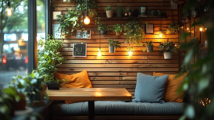 Cozy Cafe Corner with Plants and Warm Lighting