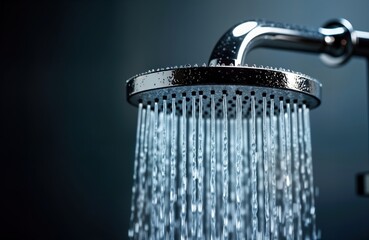 Close-up view of modern showerhead with running water. Water streams flow downward. Clean fresh water creates refreshing shower experience. Bathroom interior details. Hygiene, cleanliness concept.