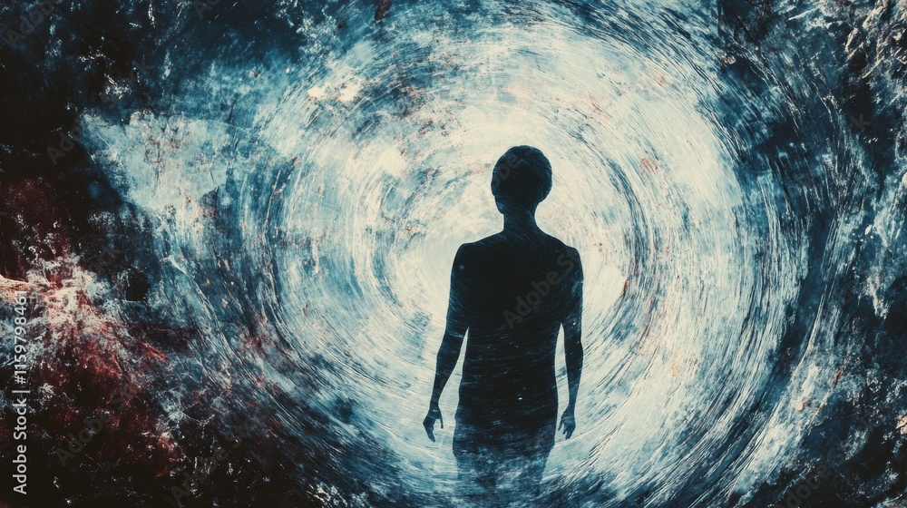 Poster silhouette standing in abstract whirlwind expressing themes of loneliness and isolation at dusk. gen