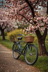 Fototapeta premium aesthetic wallpaper,Vintage bicycle under cherry blossom tree in spring