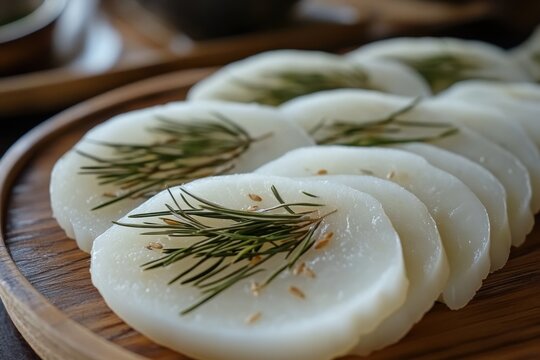 Close up of uncooked white Songpyeon half moon rice cake on pine needles on a wooden plate in South Korea