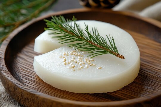 Close up of uncooked white Songpyeon rice cake on a wooden plate with pine needles South Korea