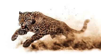 Obraz premium A powerful jaguar sprinting through a cloud of dust with intense focus and energy.