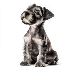 Adorable schnauzer puppy sitting on white background looking up