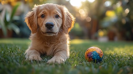 Golden Retriever Puppy Posing Outdoors With Toy