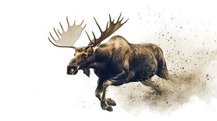 Majestic moose charging through the air, showcasing its power and grace in a dynamic, action-packed scene.