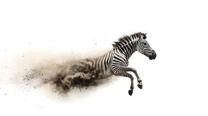 Fototapeta na wymiar A dynamic blue-eyed zebra leaps through a cloud of dust against a stark white background.