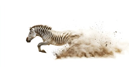 Fototapeta na wymiar A striking zebra leaps gracefully through a cloud of dust, showcasing its vibrant stripes and dynamic motion.