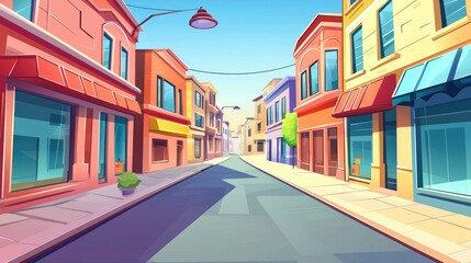 Obraz premium A Colorful Street Scene with Buildings, Shops, and a Sunny Sky