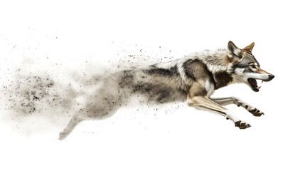 Fototapeta premium A fierce grey wolf leaping forward with a cloud of dust, showcasing its powerful agility and strength.