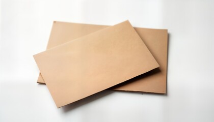 Mockup of empty kraft paper, business card. Branding presentation. Blank brown paper sheets lay on white background. Minimalist design for business cards mockup. Empty paper, business cards, branding