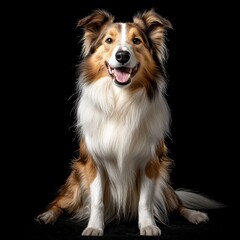 Energetic collie with fluffy fur against black background