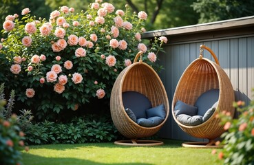 Two wicker cocoon chairs sit near bush of blooming roses in sunny backyard. Peaceful, relaxing atmosphere suggests pleasant summer day. Chairs positioned close to rose bush with soft peachy-pink